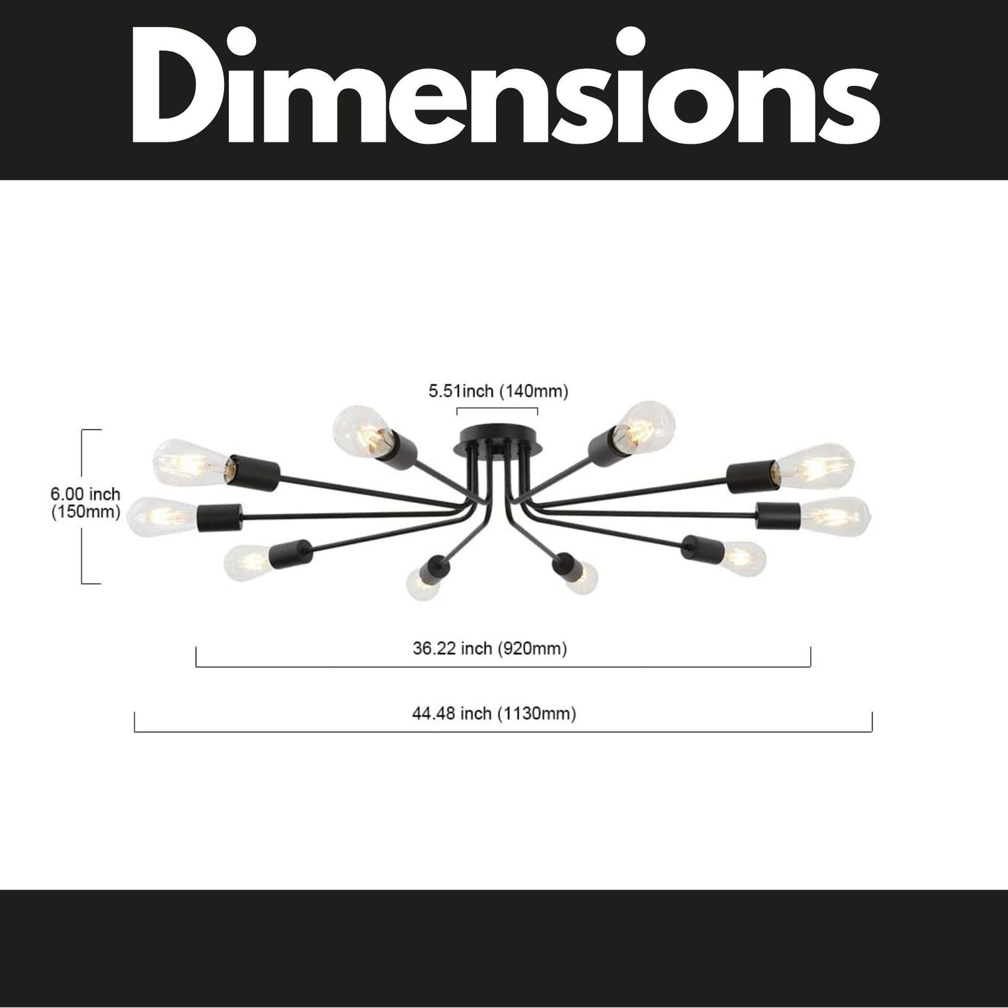 10 Light Sputnik Chandelier Black Ceiling Light Semi Flush Mount Light Ceiling Lamp