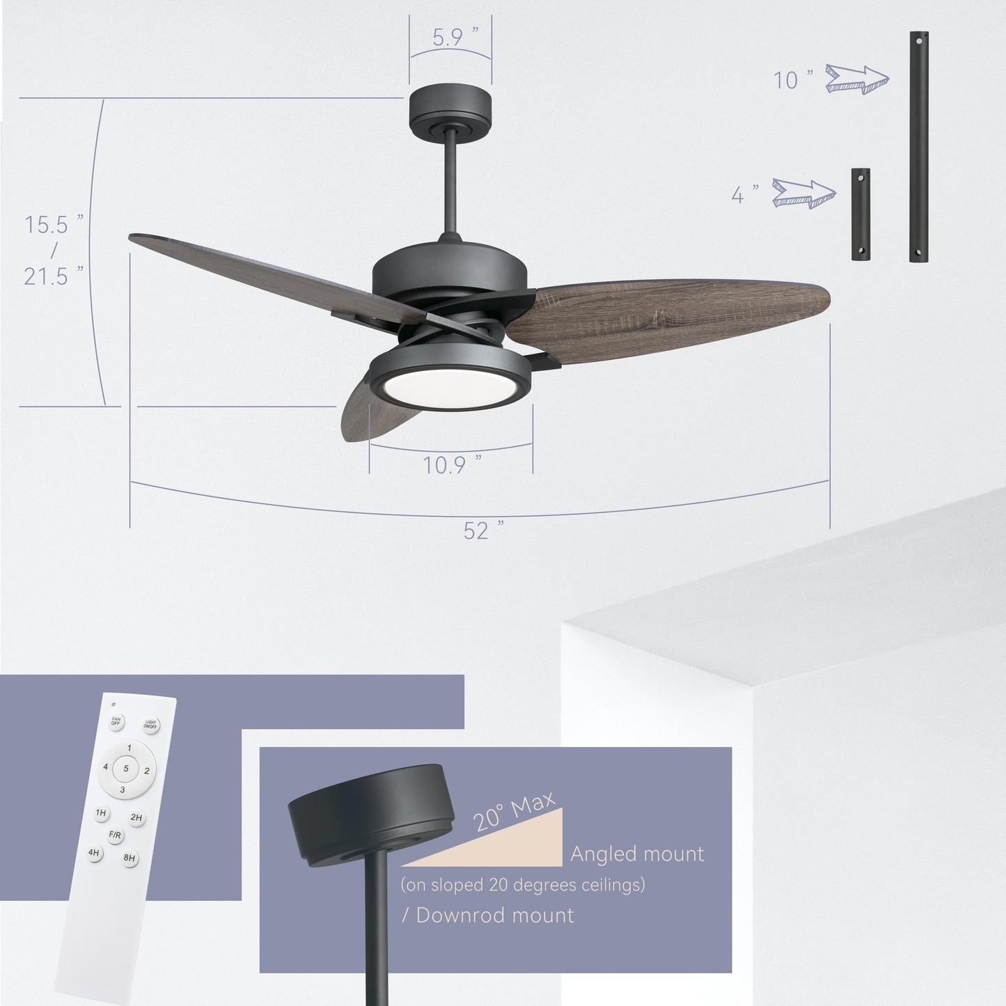 Light Pro 52 in. LED Indoor Jet Black Smart Ceiling Fan with Light Kit and Reversible DC Motor