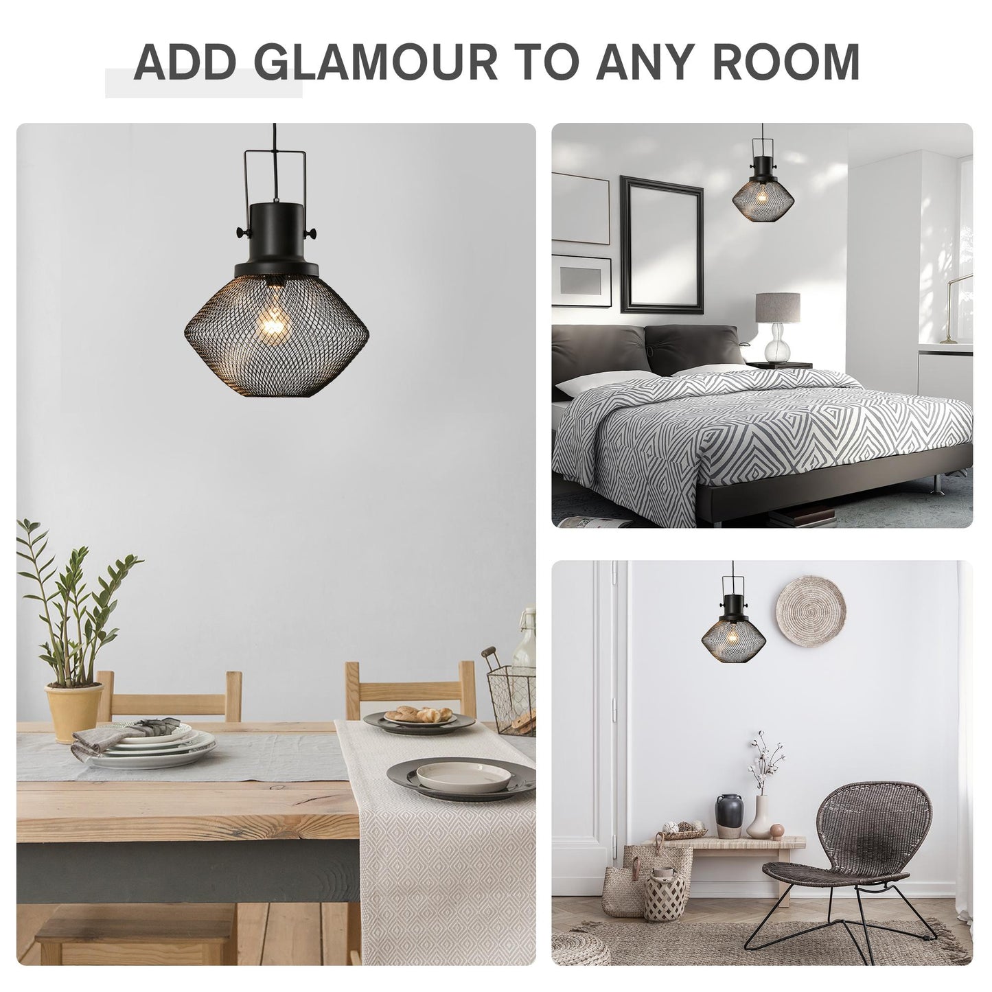 HOMCOM Industrial Pendant Light Fixtures, Black Metal Frame Hanging Ceiling Light for Living Room, Bedroom, Kitchen, Dining Room with Adjustable Hanging Chain, Black