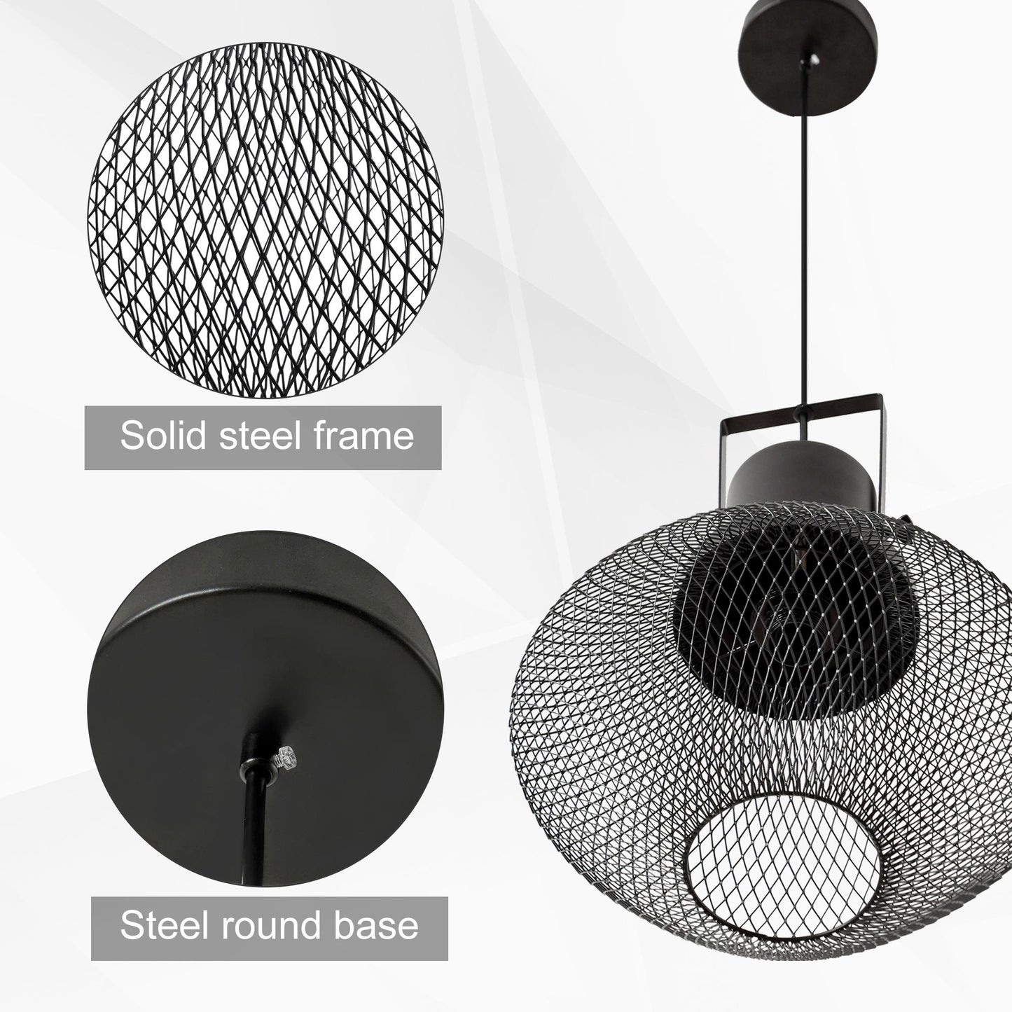 HOMCOM Industrial Pendant Light Fixtures, Black Metal Frame Hanging Ceiling Light for Living Room, Bedroom, Kitchen, Dining Room with Adjustable Hanging Chain, Black