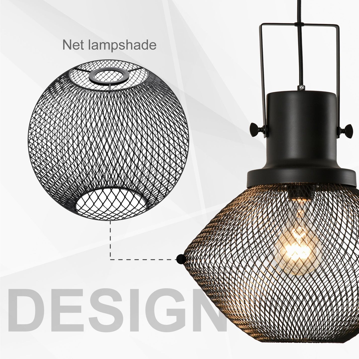 HOMCOM Industrial Pendant Light Fixtures, Black Metal Frame Hanging Ceiling Light for Living Room, Bedroom, Kitchen, Dining Room with Adjustable Hanging Chain, Black