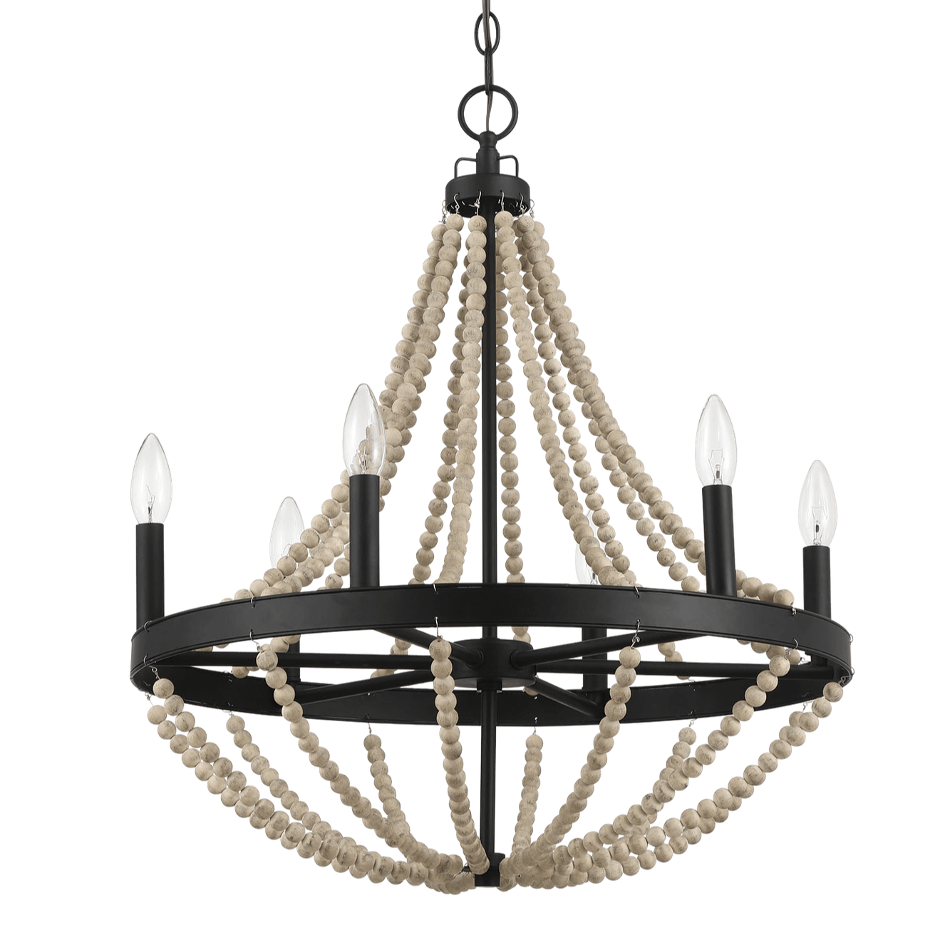 Starry Wood Chandelier Farmhouse Six Candle Light Wood Beaded Black Pendant Light for Dining Room