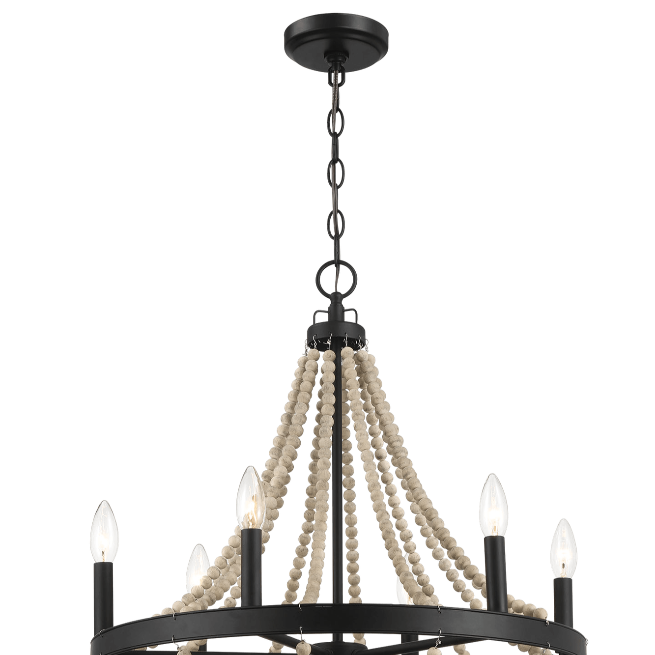 Starry Wood Chandelier Farmhouse Six Candle Light Wood Beaded Black Pendant Light for Dining Room