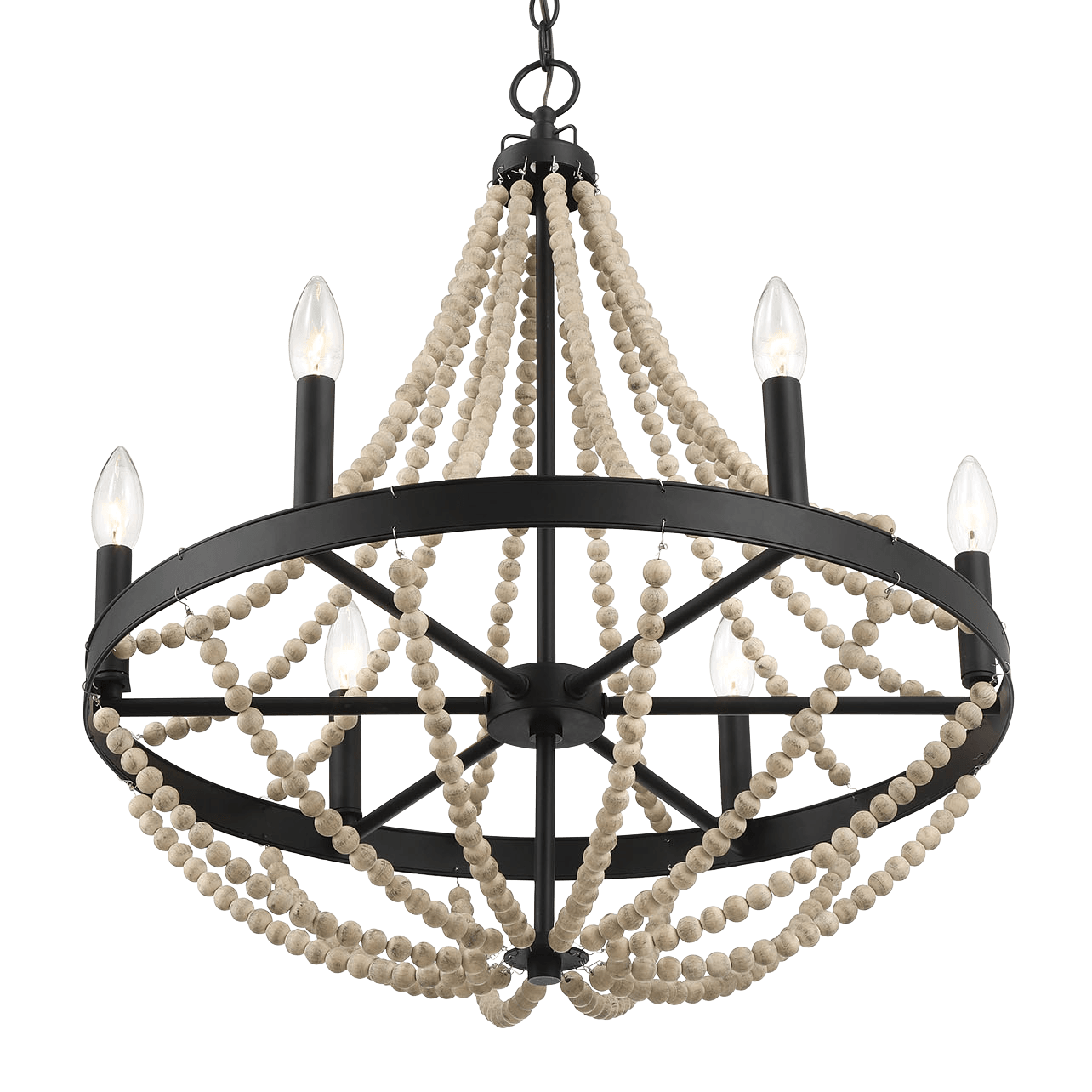 Starry Wood Chandelier Farmhouse Six Candle Light Wood Beaded Black Pendant Light for Dining Room