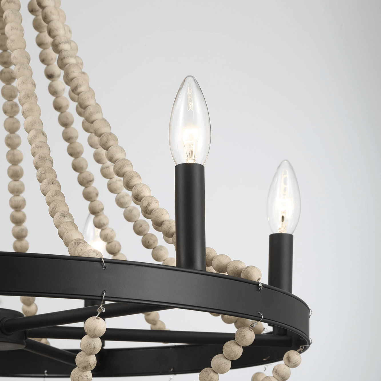 Starry Wood Chandelier Farmhouse Six Candle Light Wood Beaded Black Pendant Light for Dining Room