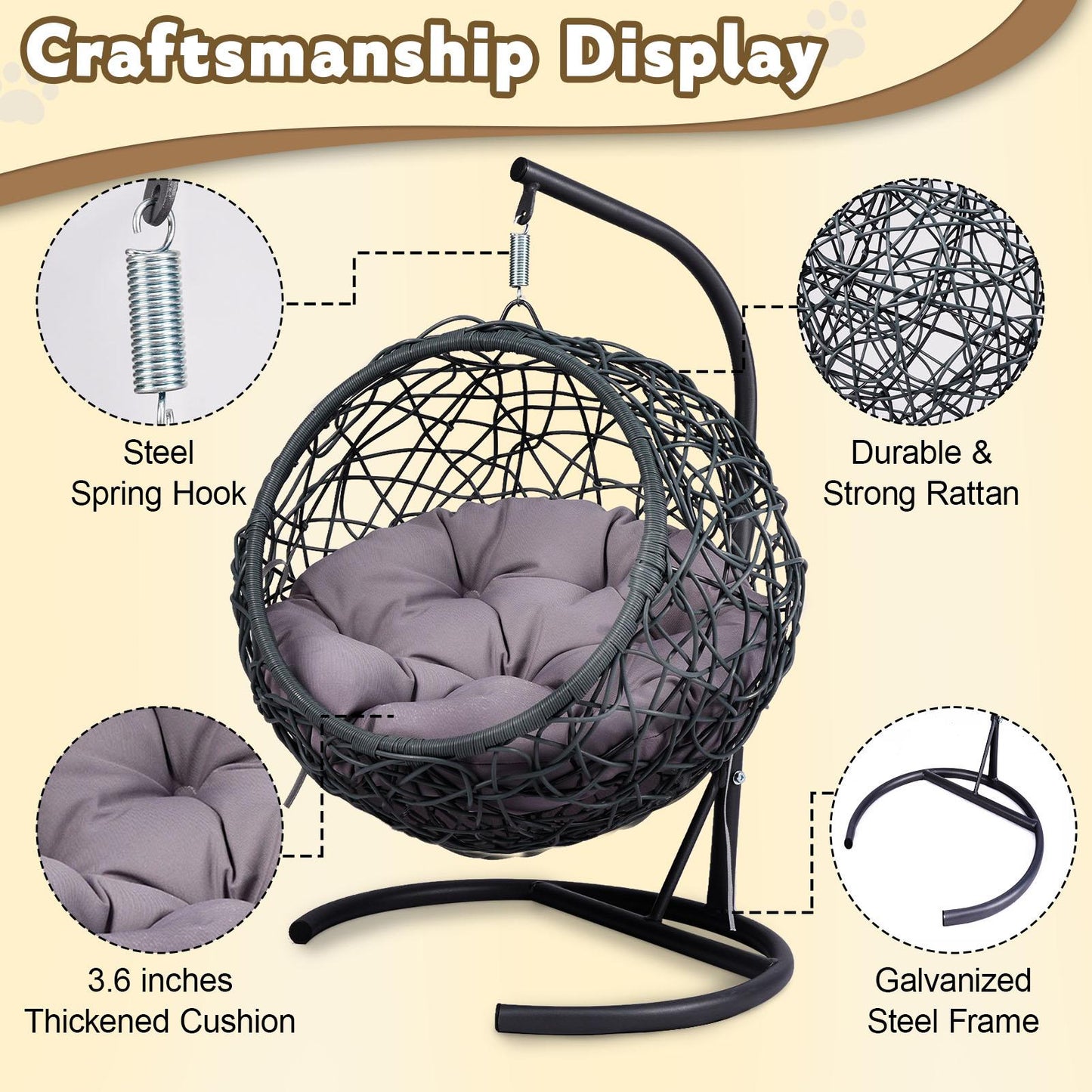 Cat Swing Bed with Stand & Cushion, Cat Egg Chair with Rattan Wicker Appearance, Indoor Hanging Swinging Cat Bed for Cats, Small Dogs, and Small Animals.Gray.