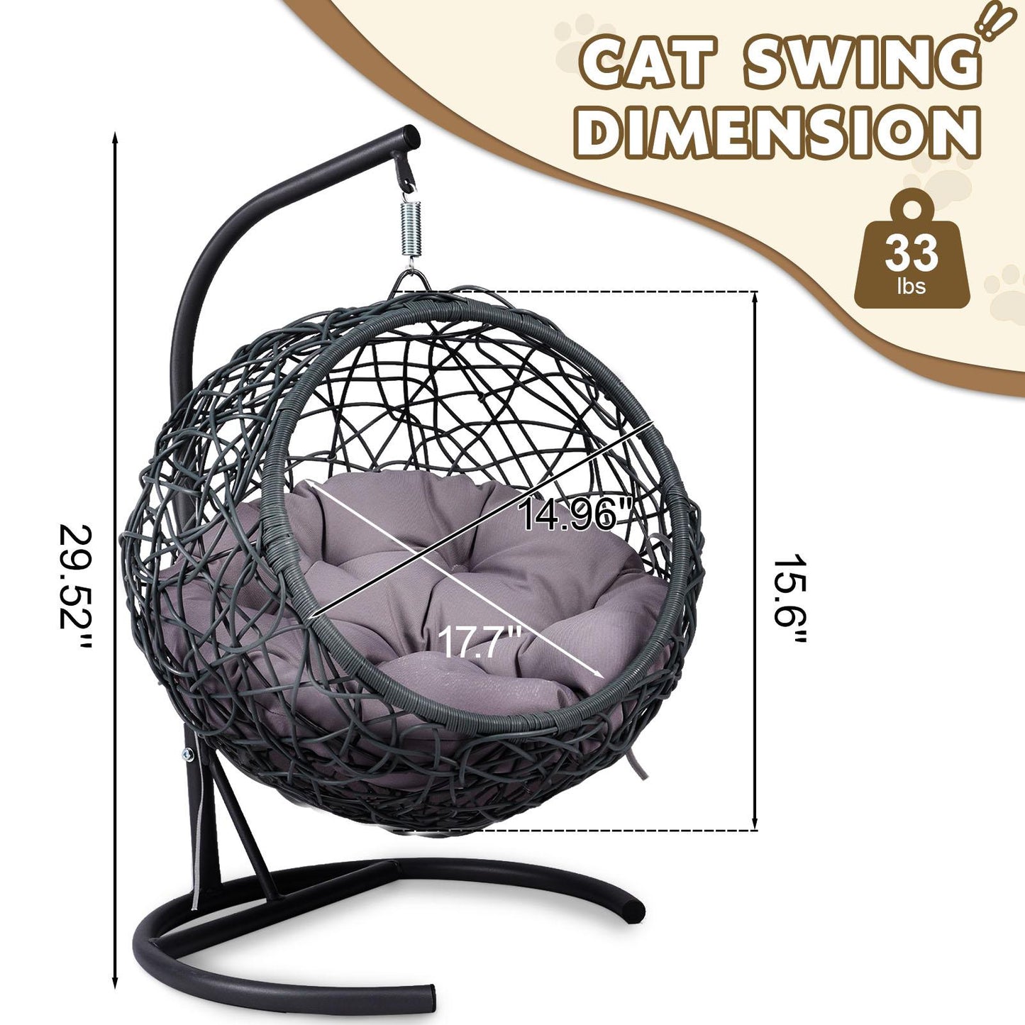 Cat Swing Bed with Stand & Cushion, Cat Egg Chair with Rattan Wicker Appearance, Indoor Hanging Swinging Cat Bed for Cats, Small Dogs, and Small Animals.Gray.