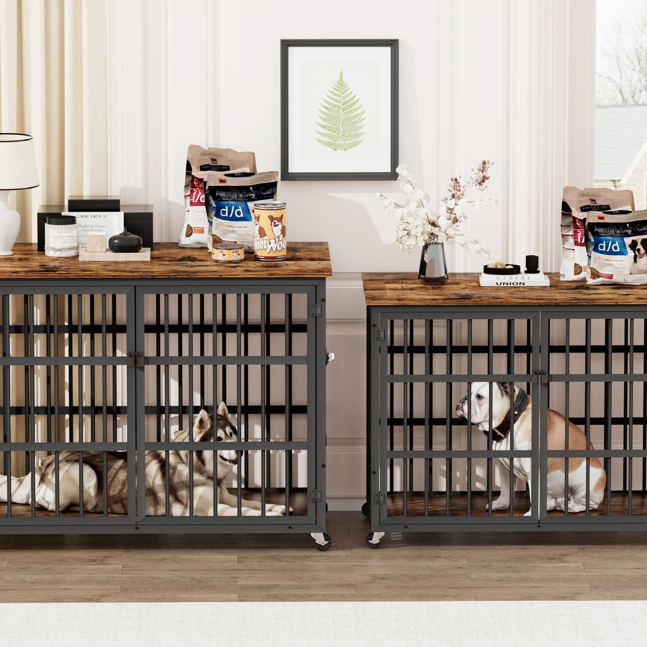 Furniture style dog crate wrought iron frame door with side openings, Rustic Brown, 43.3''W x 29.9''D x 33.5''H.