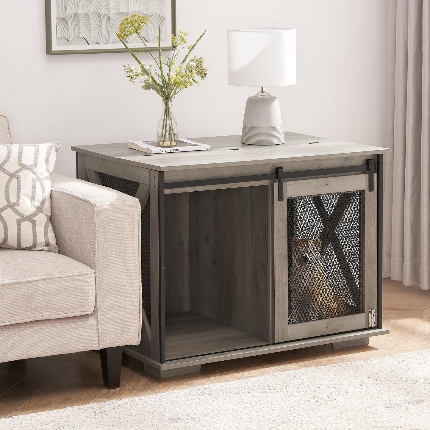 Farmhouse Dog Cage Crate Furniture with Sliding Barn Door, Farmhouse Wooden Dog Kennel End Table with Flip-top Plate Dog House with Detachable Divider for Small/Medium/Large Dog Gray
