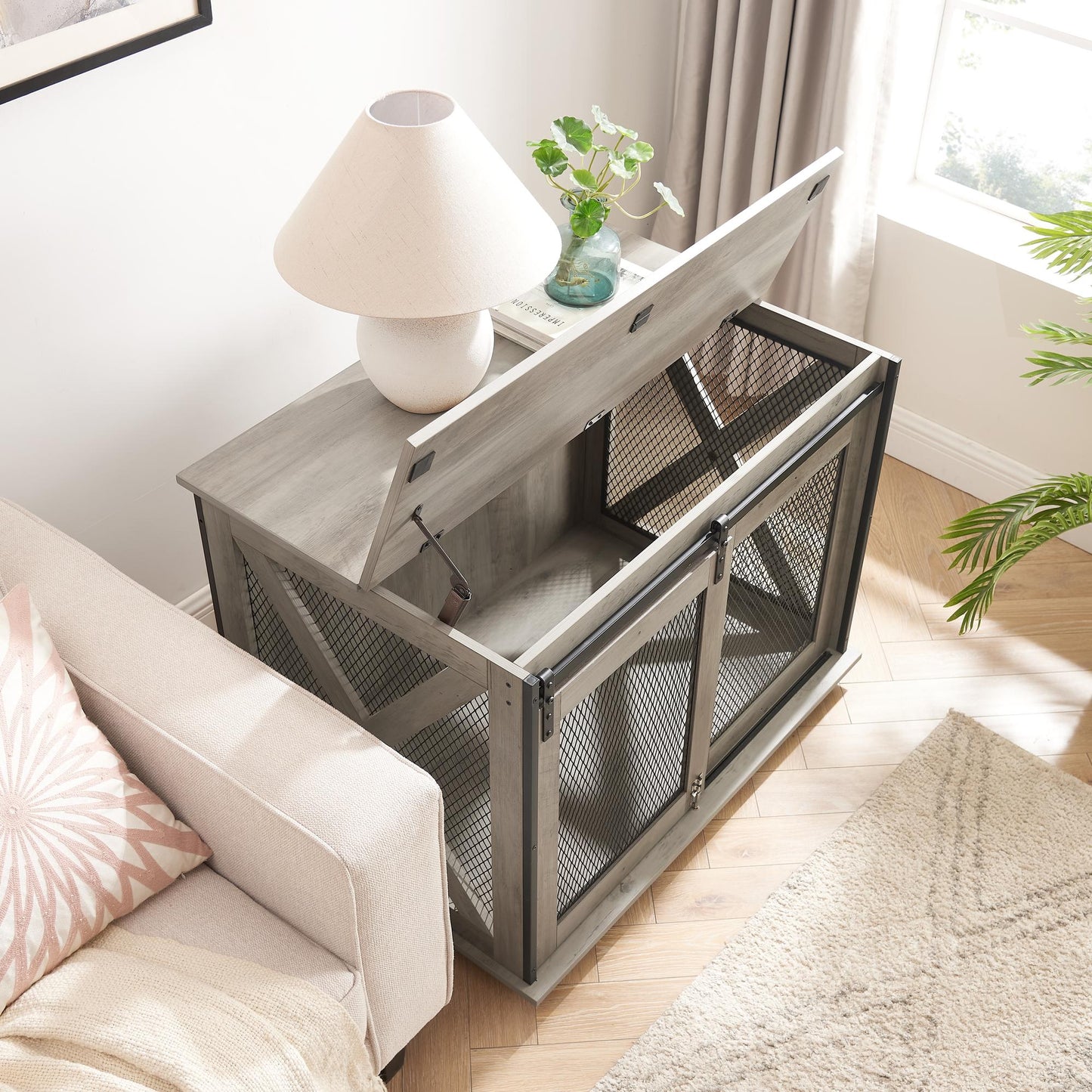 Farmhouse Dog Cage Crate Furniture with Sliding Barn Door, Farmhouse Wooden Dog Kennel End Table with Flip-top Plate Dog House with Detachable Divider for Small/Medium/Large Dog Gray