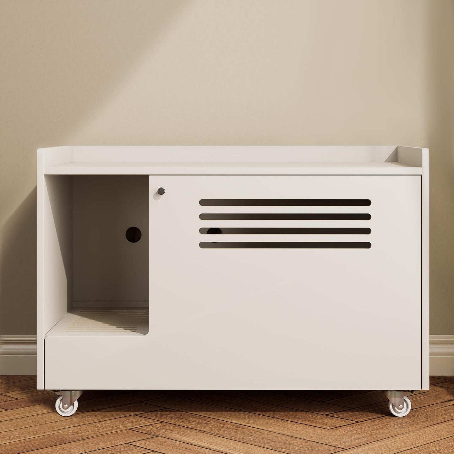 White Cat Litter Box Enclosure,Hidden Litter Box Furniture with top side fence,Wooden Pet House Side End Table, Storage Cabinet Bench for Living Room,,Bedroom, Fit Most of Litter Box