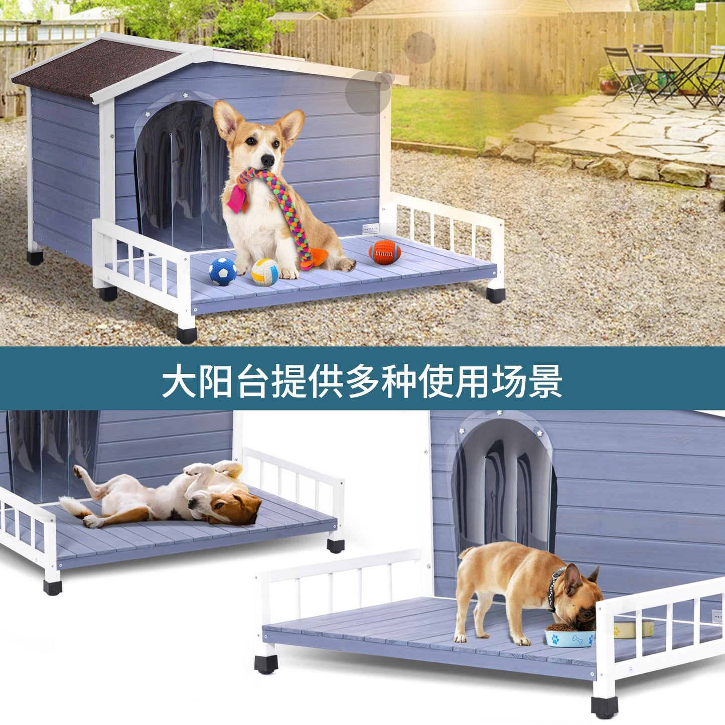Large Wooden Dog House Indoor Outdoor with Terrace and Open Waterproof Asphalt Roof, Outdoor Dog House with Raised Floor, Windows and Door Curtains, Suitable for Small and Medium Dogs