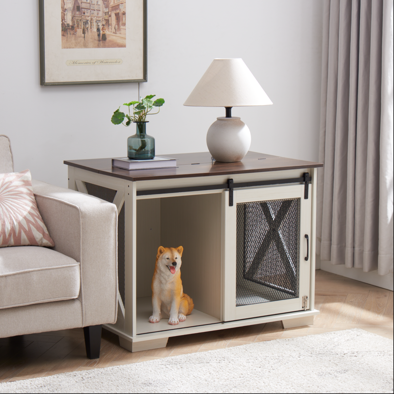 Farmhouse Dog Cage Crate Furniture with Sliding Barn Door, Farmhouse Wooden Dog Kennel End Table with Flip-top Plate Dog House with Detachable Divider for Small/Medium/Large Dog White