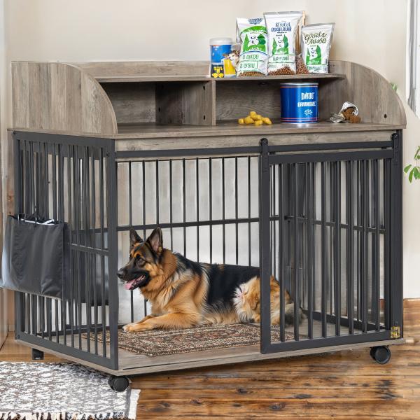 GO 44'' Heavy Duty Large Dog Crate Furniture for Large Medium Dog with Lockable Wheels, Wooden Dog Crate Dog Kennel, End Table Crate with Double layer storage, Gray