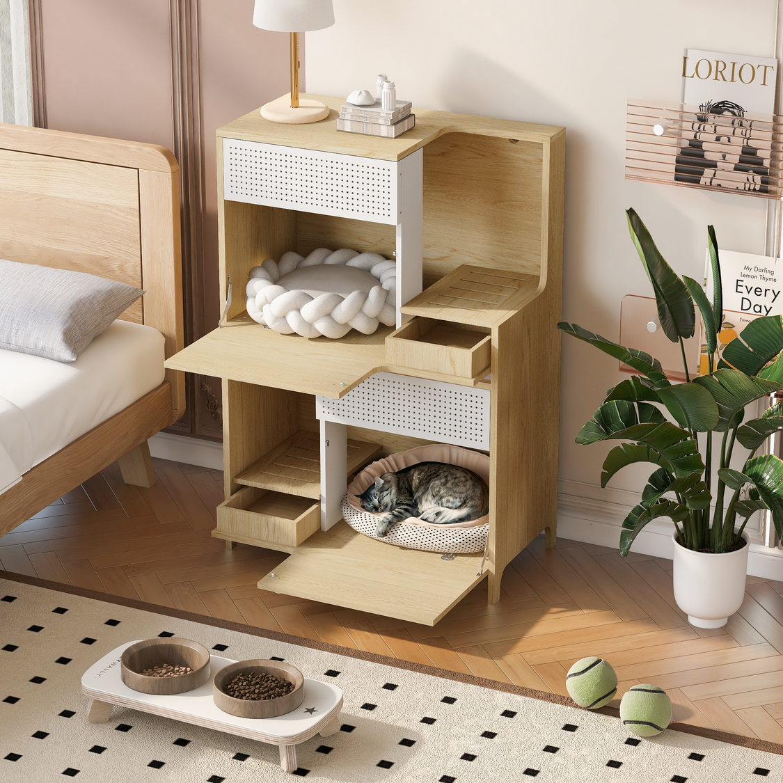 Furniture Style Multi-use Natural Cat litter box hosue With 2 flip-down door