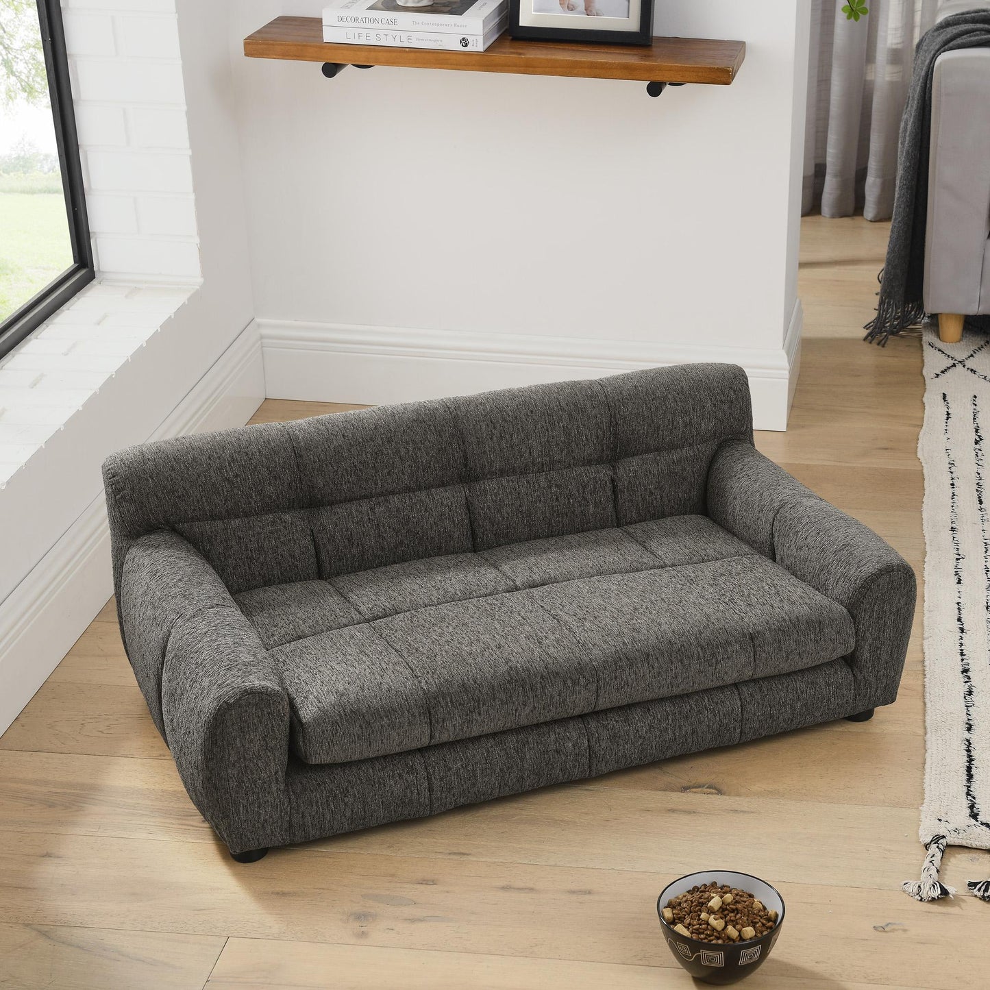 Soft and comfortable pet sofa with backrest and armrests, suitable for modern rectangular pet sofas for small and medium-sized dogs,-dark gray