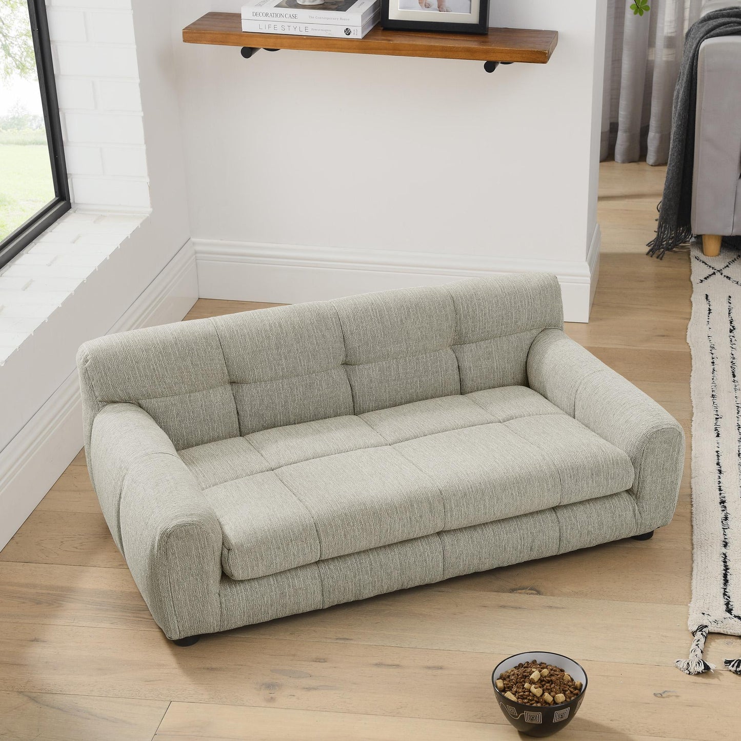 Soft and comfortable pet sofa with backrest and armrests, suitable for modern rectangular pet sofas for small and medium-sized dogs,-Beige