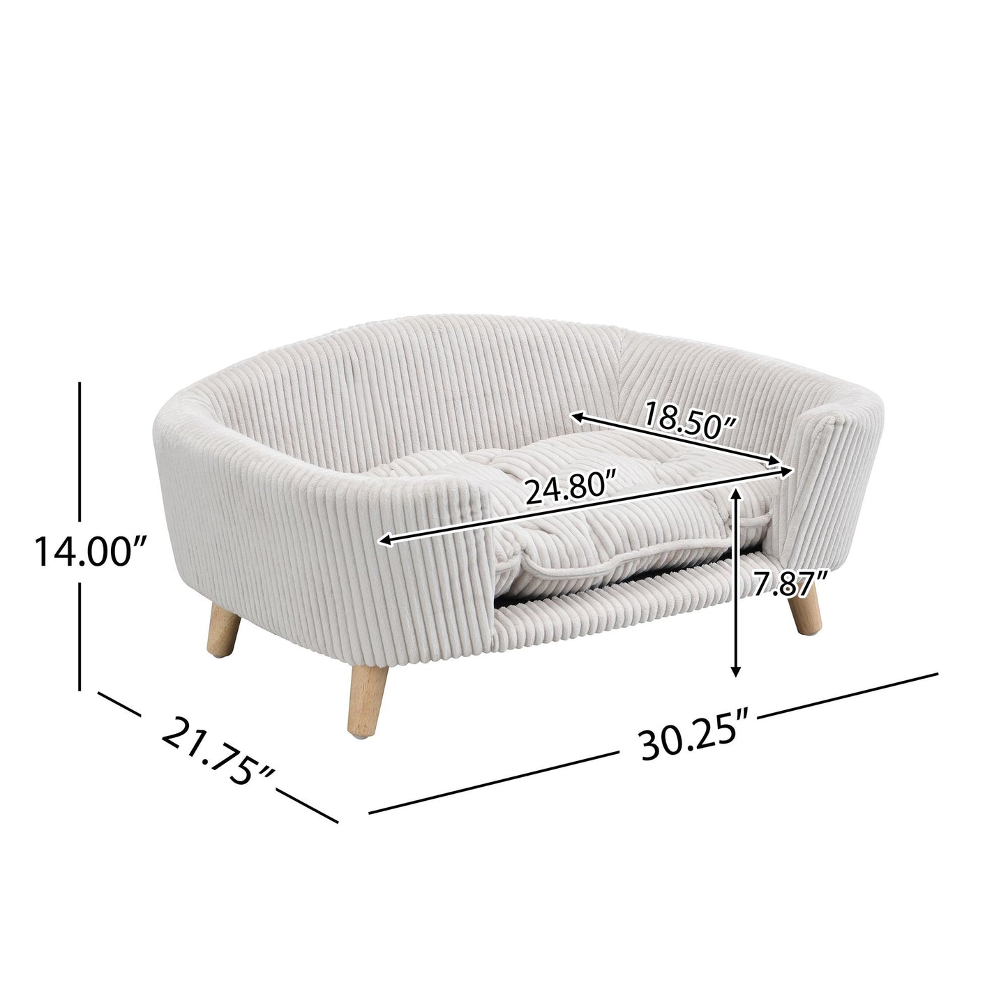 Elevated Dog Bed Frame for Small Dog, Corduroy Pet Couch Bed with Rubber Wood Legs and Supportive Foam, Beige, Easy Assembly