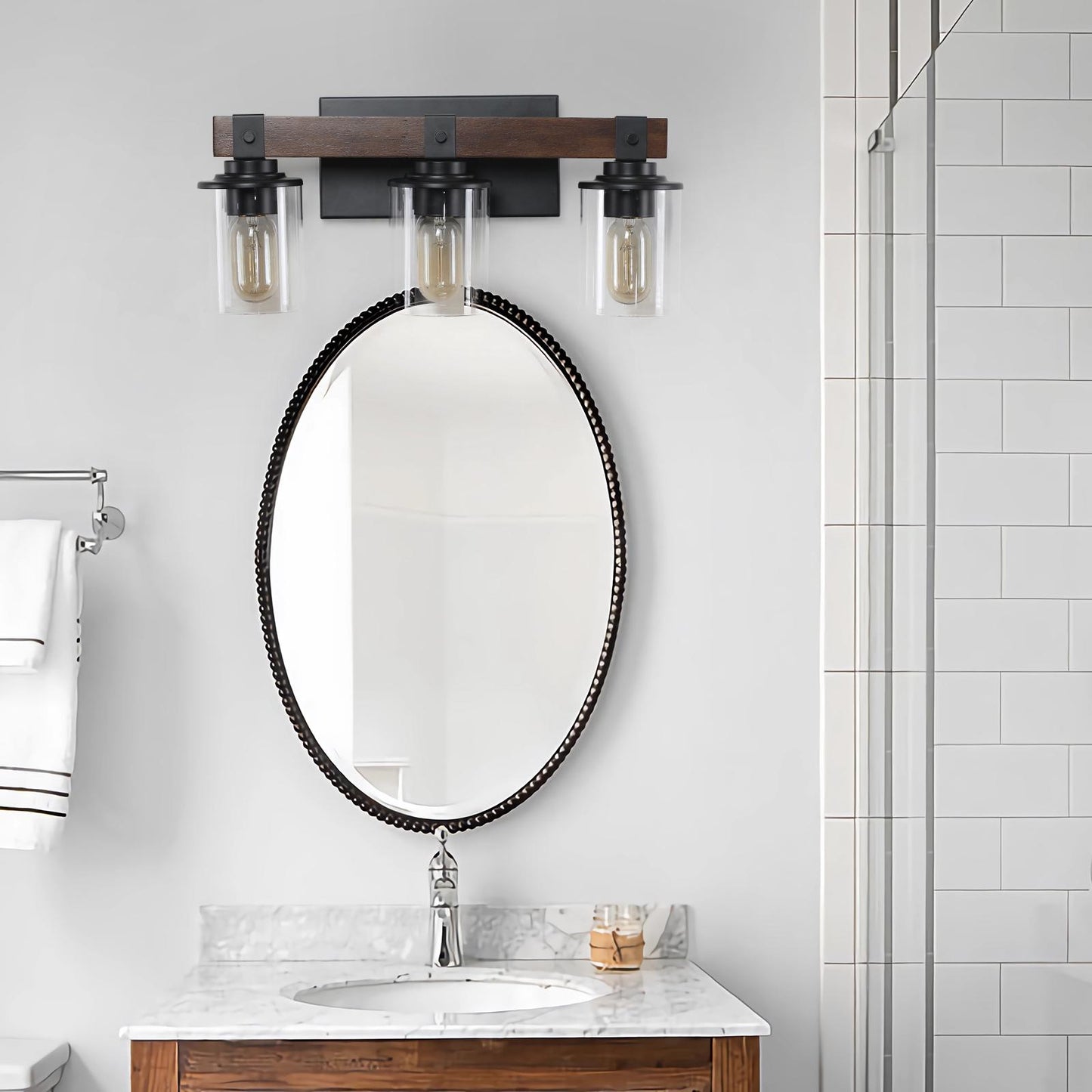 19" Rustic 3-Light Vanity Light, Industrial Bathroom Wall Sconce with Glass Shades and Wood Accent, Modern Farmhouse Lighting Fixture (No Bulbs)
