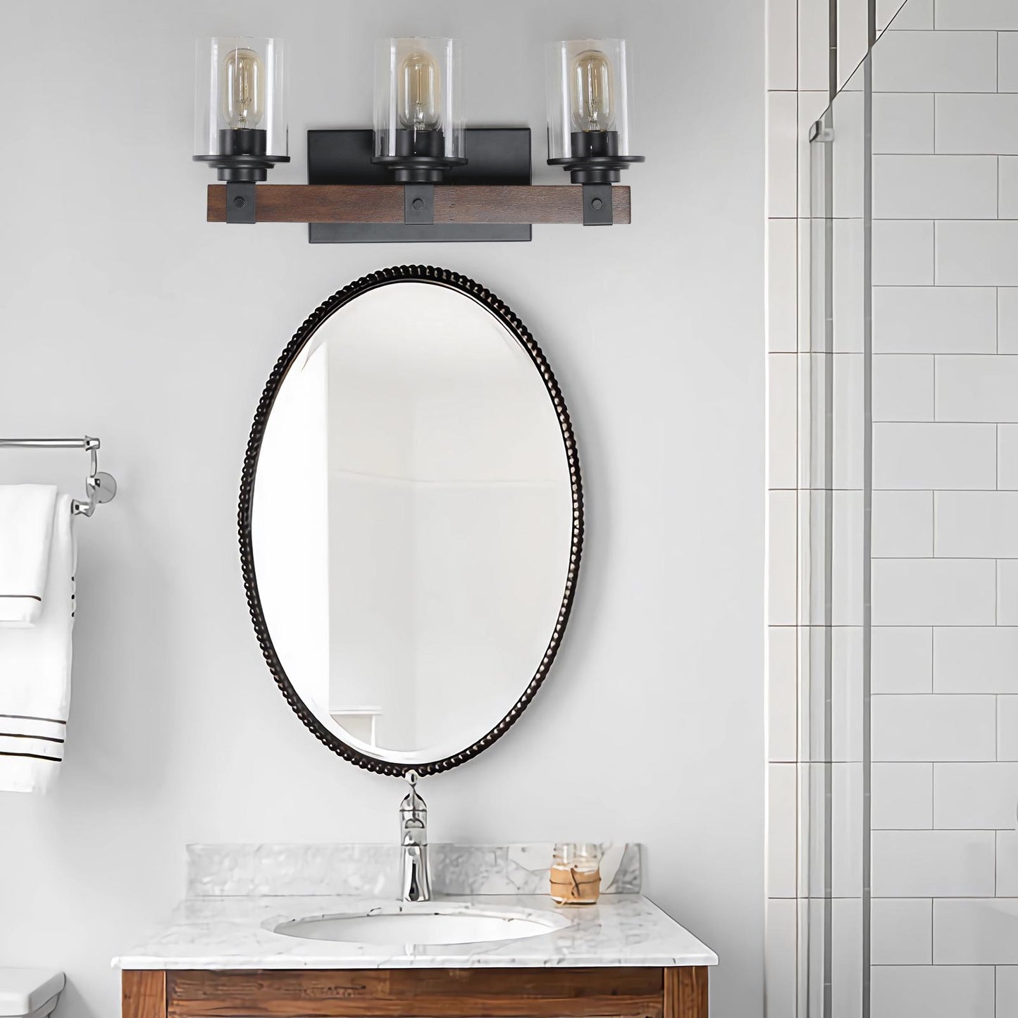 19" Rustic 3-Light Vanity Light, Industrial Bathroom Wall Sconce with Glass Shades and Wood Accent, Modern Farmhouse Lighting Fixture (No Bulbs)
