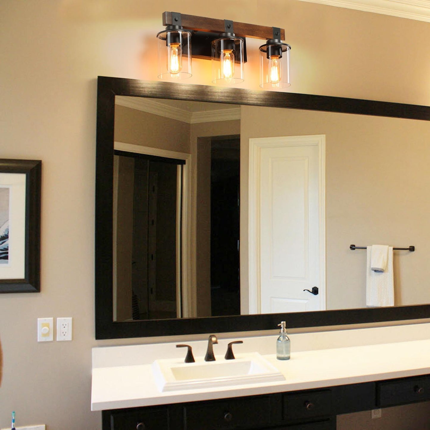 19" Rustic 3-Light Vanity Light, Industrial Bathroom Wall Sconce with Glass Shades and Wood Accent, Modern Farmhouse Lighting Fixture (No Bulbs)