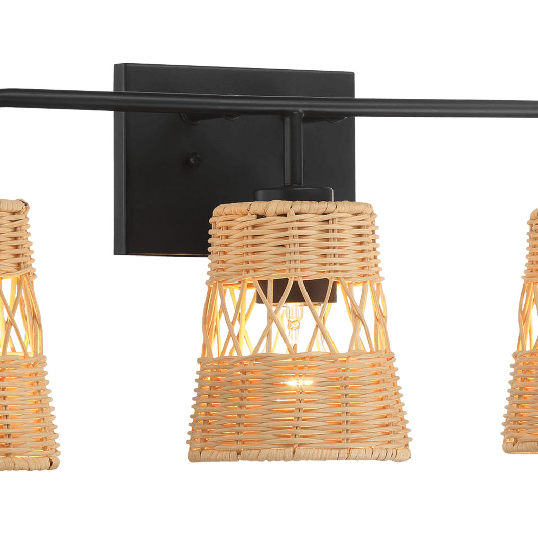 Moonlit Three Lights Wall Sconce With Rattan Shade, Bathroom Lighting Fixtures Over Mirror