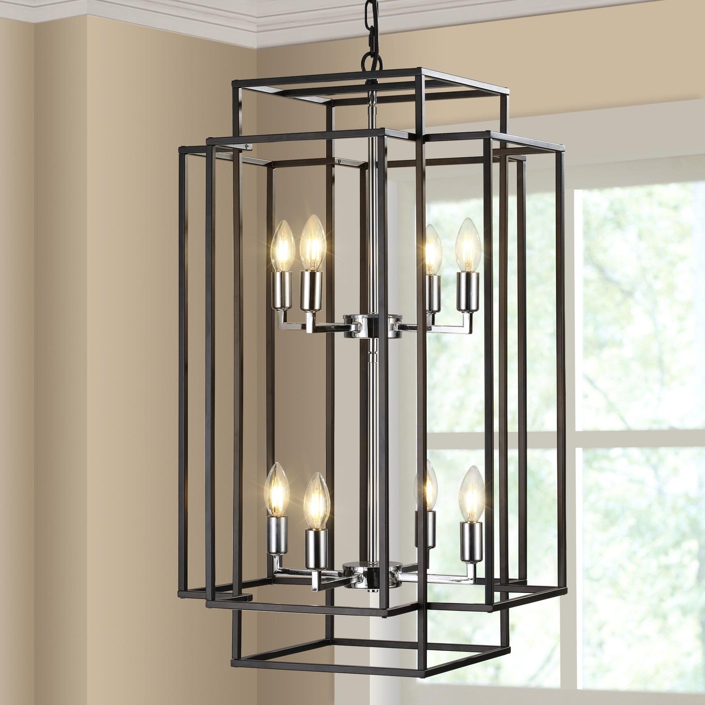18" Modern 8-Light Black & Chrome Geometric Pendant Chandelier, Industrial Metal Frame, Adjustable Hanging Light for Living Room, Dining Room, Kitchen (No Bulbs)
