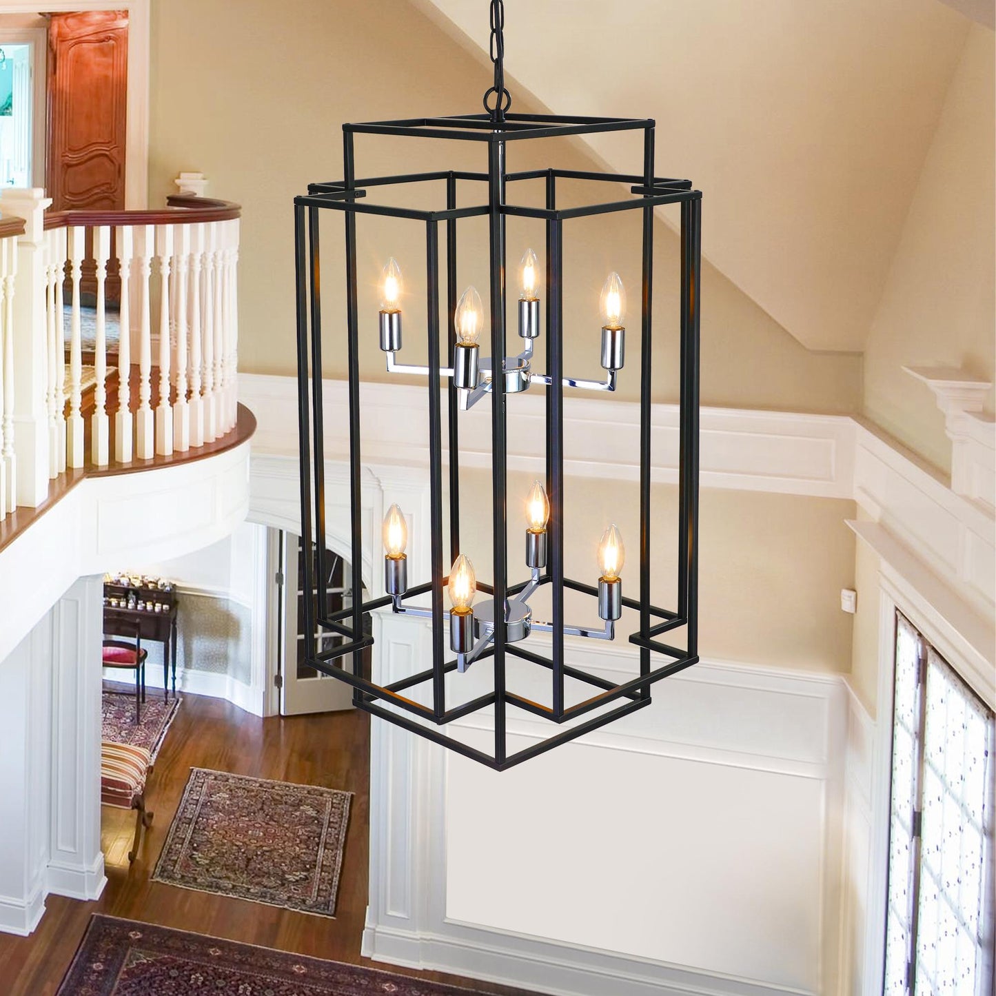 18" Modern 8-Light Black & Chrome Geometric Pendant Chandelier, Industrial Metal Frame, Adjustable Hanging Light for Living Room, Dining Room, Kitchen (No Bulbs)