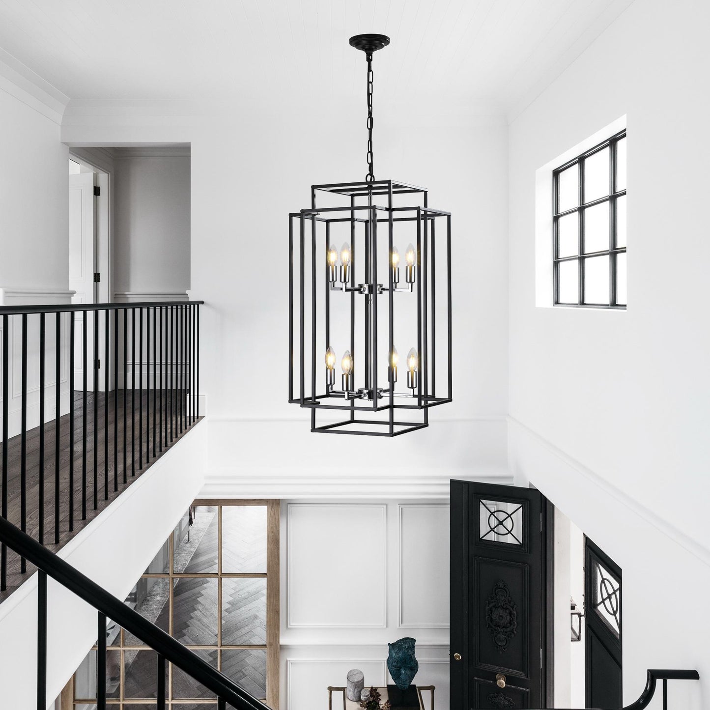 18" Modern 8-Light Black & Chrome Geometric Pendant Chandelier, Industrial Metal Frame, Adjustable Hanging Light for Living Room, Dining Room, Kitchen (No Bulbs)