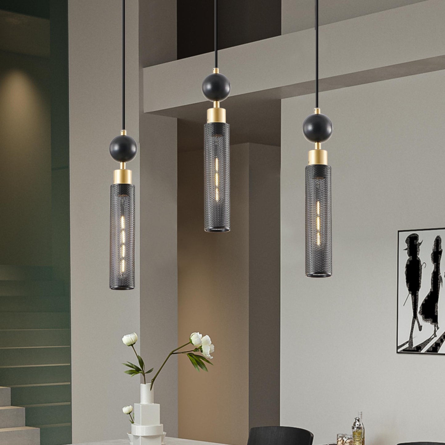 25" Modern Black and Gold 3-Light Pendant Chandelier, Adjustable Hanging Lights with Cylindrical Mesh Shades, E26 Base, Ideal for Dining Room, Kitchen Island, or Living Room Lighting (No Bulbs)
