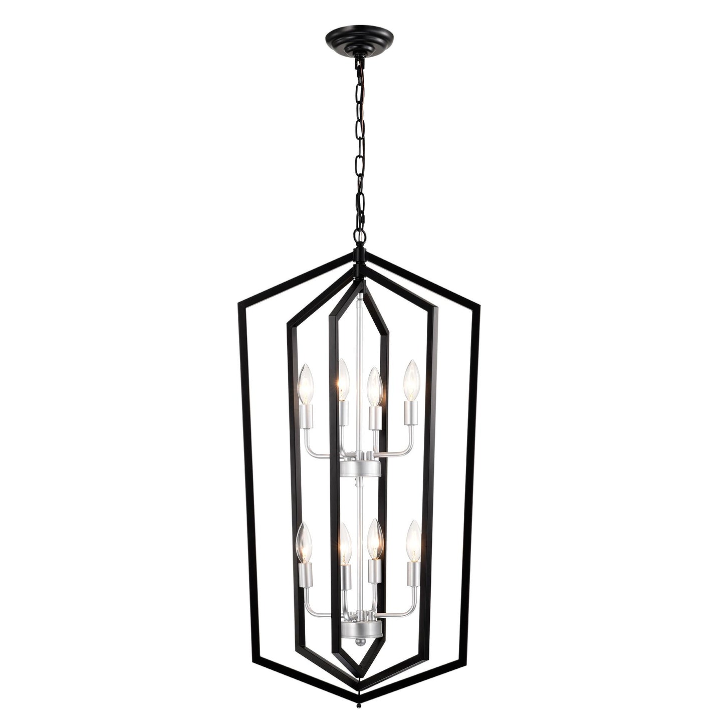 8-Light Farmhouse Kitchen Chandeliers, Matte Black and Sliver Vintage Rustic Cage Light Fixture Adjustable Height Chandeliers for Dining Room Hallway Foyer Entryway(E12 Bulbs Not Included)