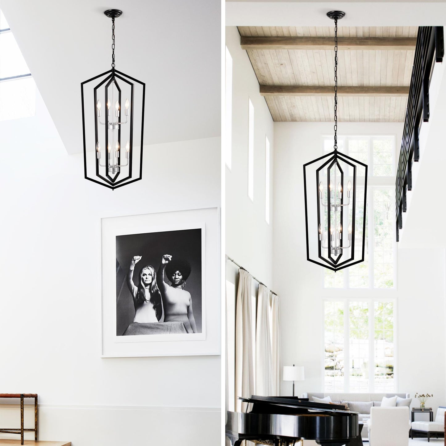 8-Light Farmhouse Kitchen Chandeliers, Matte Black and Sliver Vintage Rustic Cage Light Fixture Adjustable Height Chandeliers for Dining Room Hallway Foyer Entryway(E12 Bulbs Not Included)