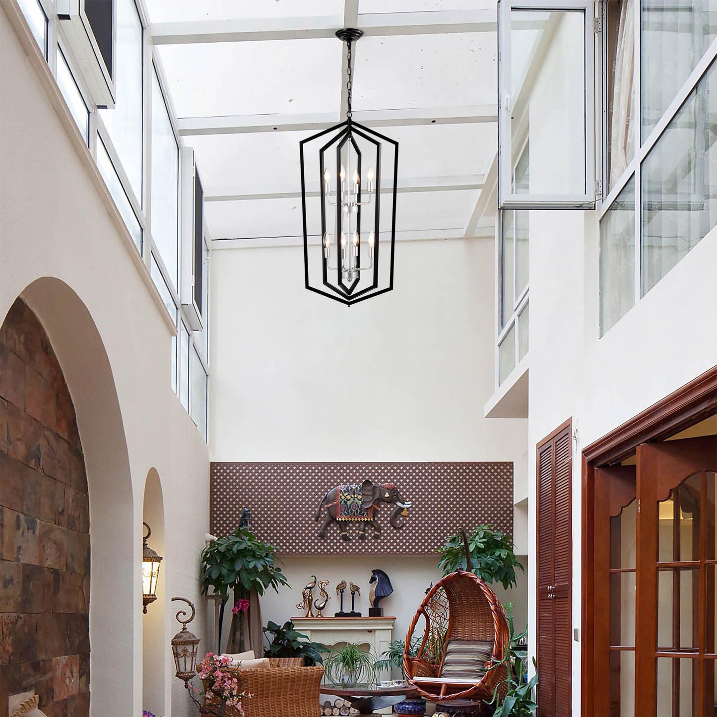 8-Light Farmhouse Kitchen Chandeliers, Matte Black and Sliver Vintage Rustic Cage Light Fixture Adjustable Height Chandeliers for Dining Room Hallway Foyer Entryway(E12 Bulbs Not Included)