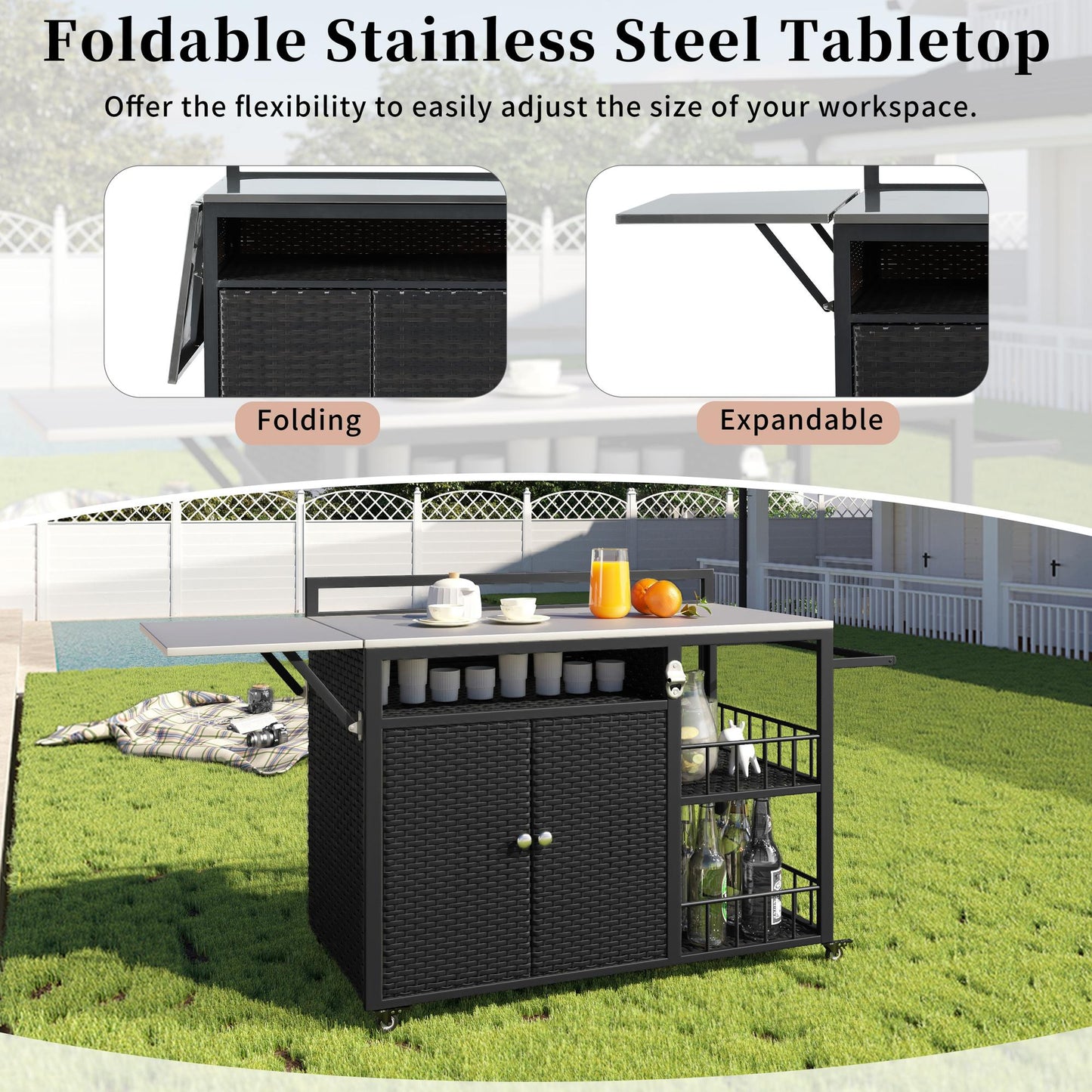 63.5" Outdoor Kitchen Island, Kitchen Storage Island, Cooking Station, Outdoor Grill Cart with Foldable Side Tabletop, Ample Storage Space, Bottle Opener for Outside BBQ, Patio, Backyard, Dark Brown