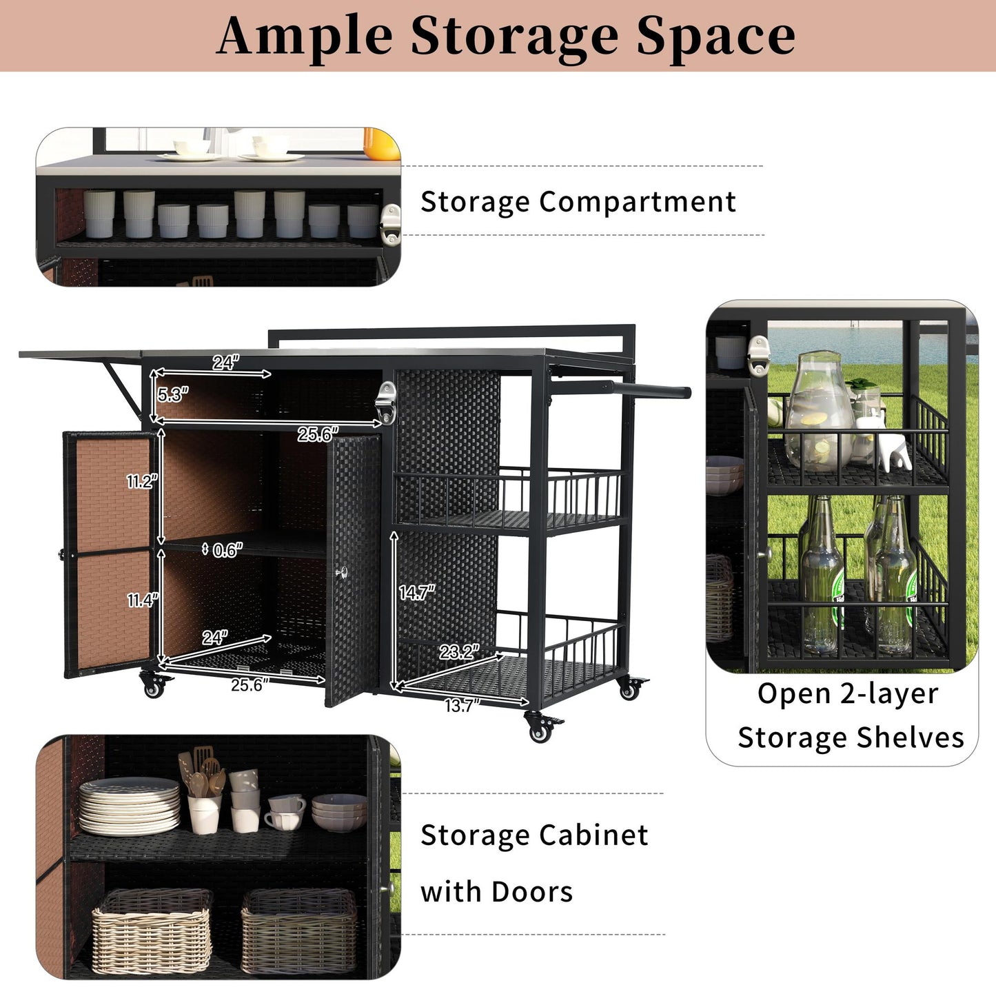 63.5" Outdoor Kitchen Island, Kitchen Storage Island, Cooking Station, Outdoor Grill Cart with Foldable Side Tabletop, Ample Storage Space, Bottle Opener for Outside BBQ, Patio, Backyard, Dark Brown