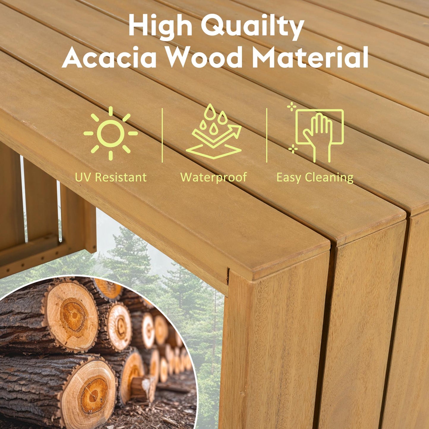 5 Piece Outdoor Bar Set, Patio Acacia Wood Bar Height Table & Four Stools with Cushions, Wood Dining Bar Set for Backyard, Poolside, Balcony, Beige