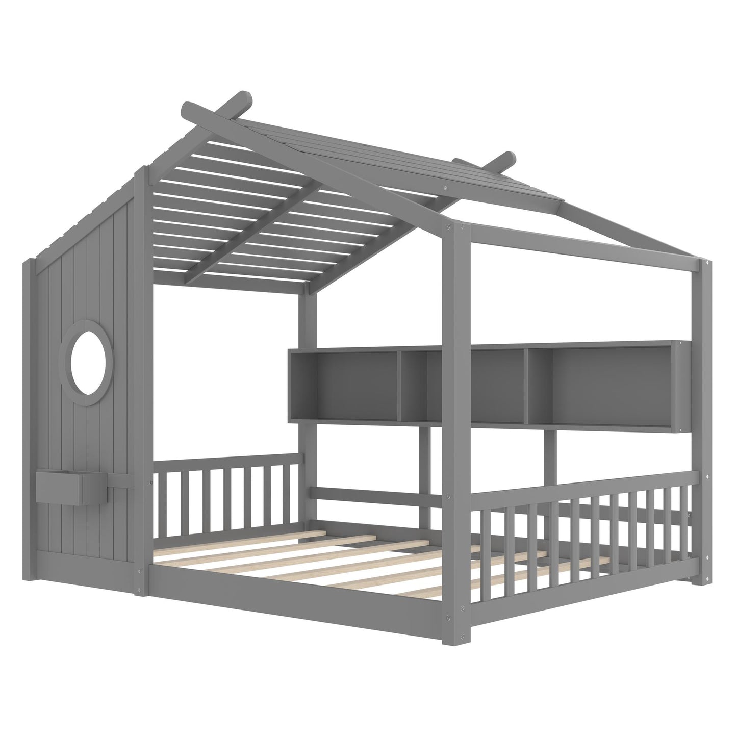 Full Size Floor House Bed for Toddler, Kids Montessori Bed with Storage Shelf, Playhouse Bed with Roof Design, Gray