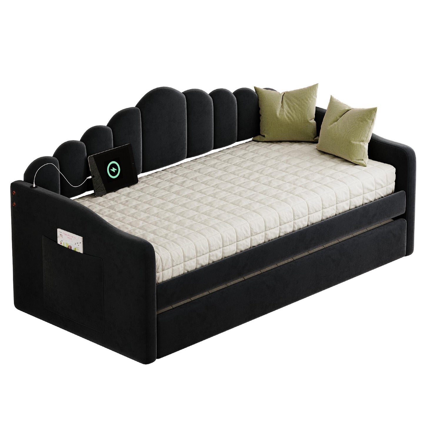 Twin size Upholstered Daybed with Trundle ,Velvet Sofabed with USB Charging Ports,No Box-spring Needed,Black