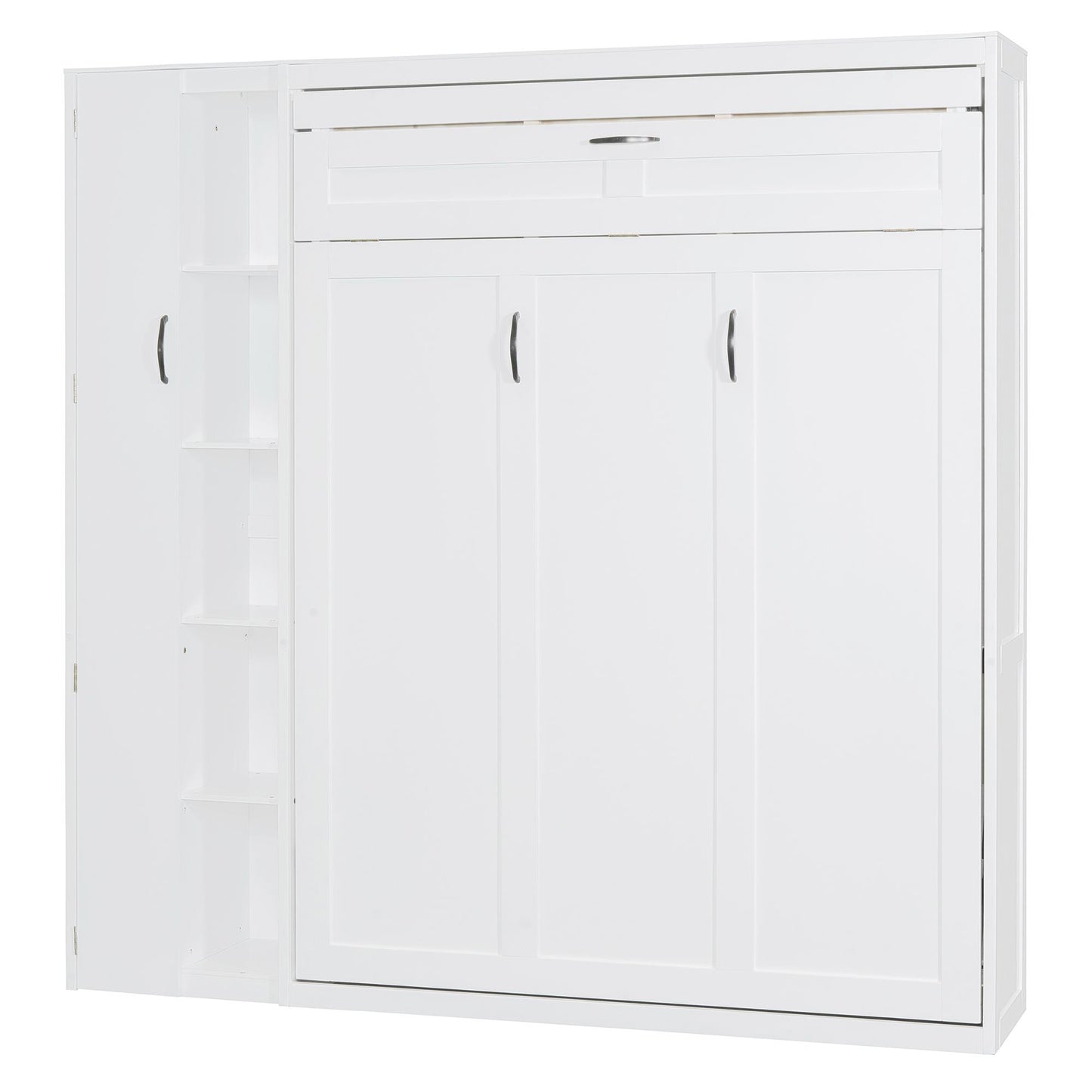 Full Size Murphy Bed Wall Bed with Shelves, Wardrobe and LED Lights,White