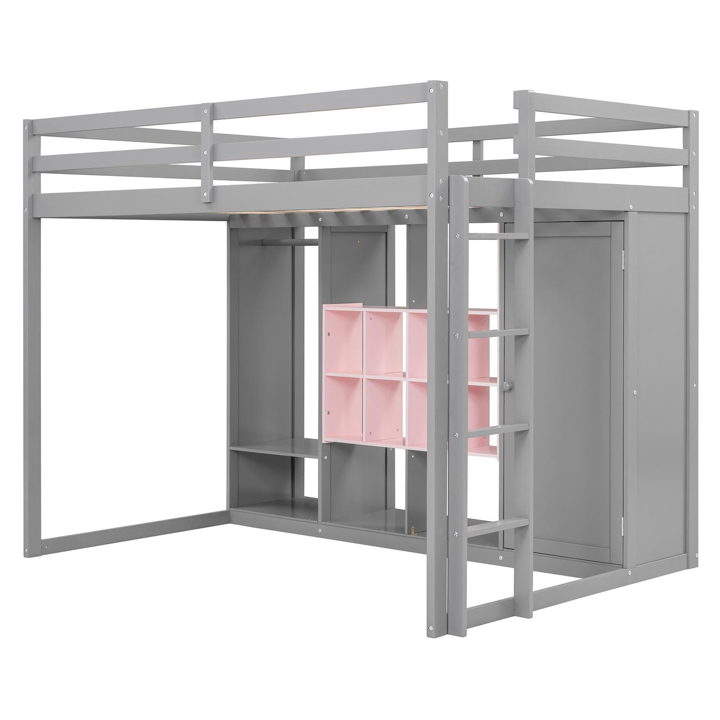 Full Size Wood Loft Bed with Wardrobe, shelves and Cabinet, Gray+Pink