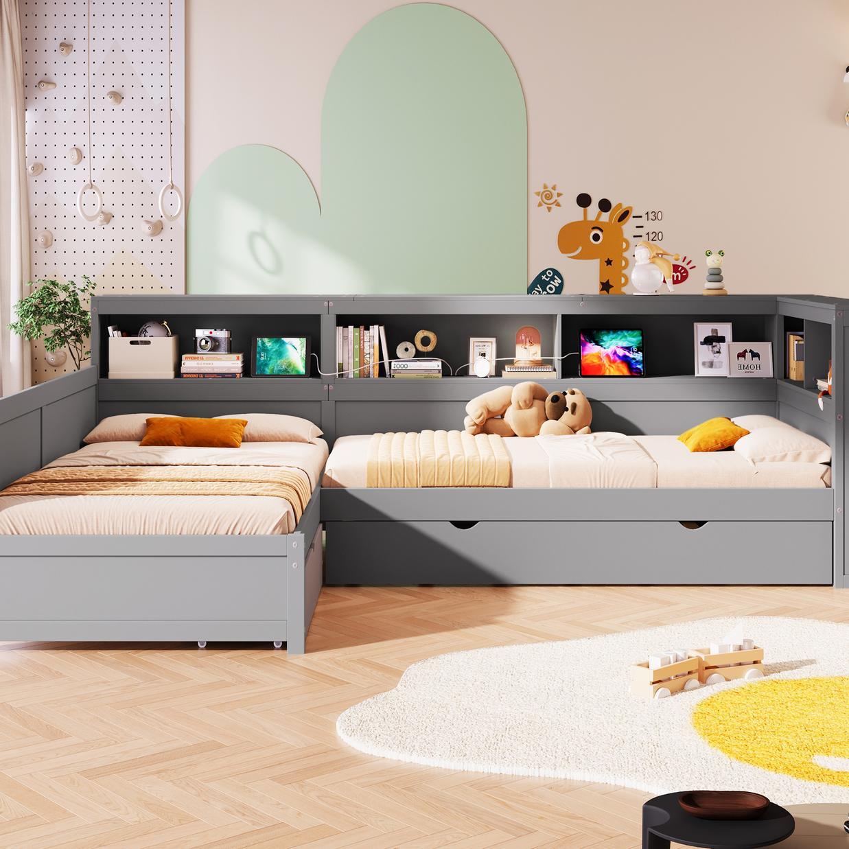 Wood Twin Size L-shaped Platform Bed with Trundle and a Drawer, Grey