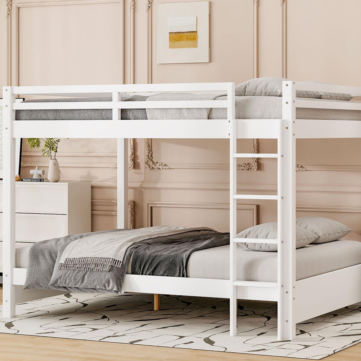 Wood Queen Size Bunk Bed with Ladder, White