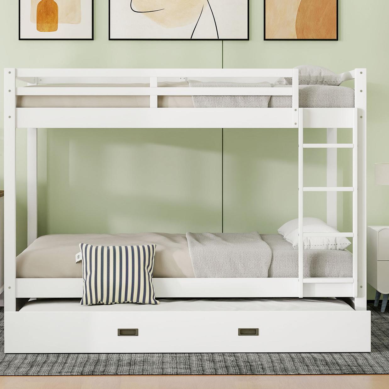 Wood Queen Size Bunk Bed with Ladder and Trundle, White