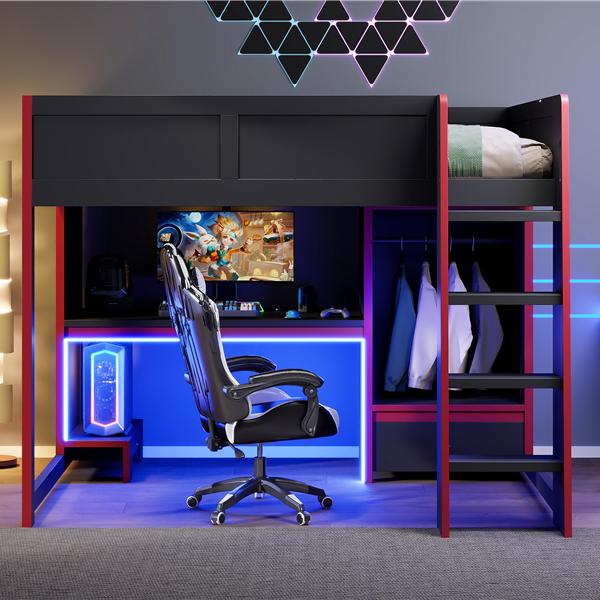 Wood Full Size Gaming Loft Bed with Built-in Desk, Wardrobe, LED and a Drawer, Black
