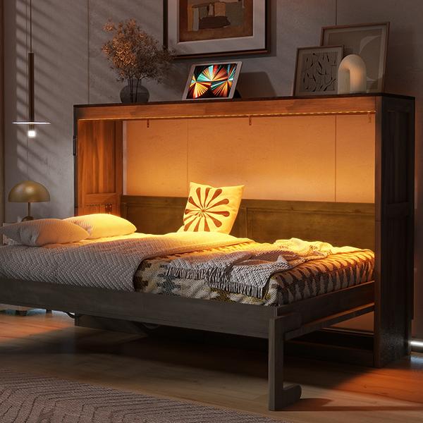 Twin Size Murphy Bed with LED Light,can be Folded into a Cabinet,Hidden Wall Bed Cabinet,Brown