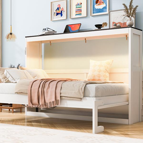 Twin Size Murphy Bed with LED Light,can be Folded into a Cabinet,Hidden Wall Bed Cabinet,White+Brown