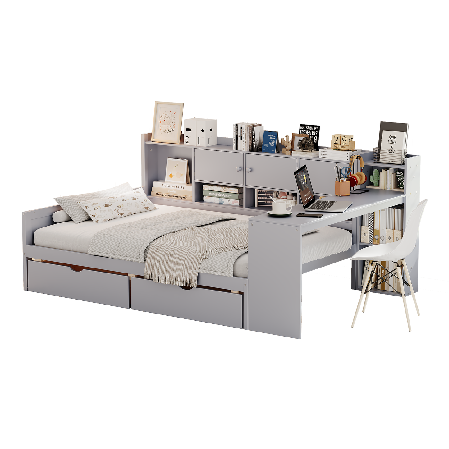 Full Size Daybed with Storage 3 Cabinets and 2 Drawers, Wooden L-Shape Daybed Frame with Study Desk and Built-in Bookshelf, Multi-functional Bed for Bedroom Guest Room,Gray