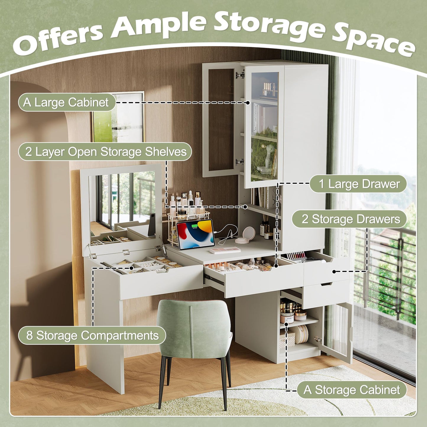 Versatile Makeup Vanity Desk with Mirror and Charging Station, Dressing Table with 8 Hidden Storage Compartments, Computer Desk with 3 Drawers, 2 Cabinets and Open Shelves,Home Office Desk, White