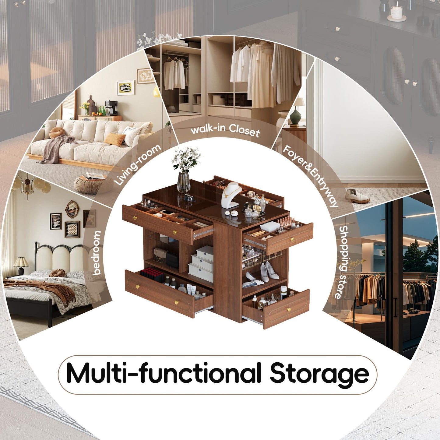 Closet Island with 6 Drawers, Wardrobe Armoire Bedroom Island with Glass Display Top and Open Shelves, Jewelry Storage Vanity Island with compartments, Walk-in Closet Island for Cloakroom, Walnut