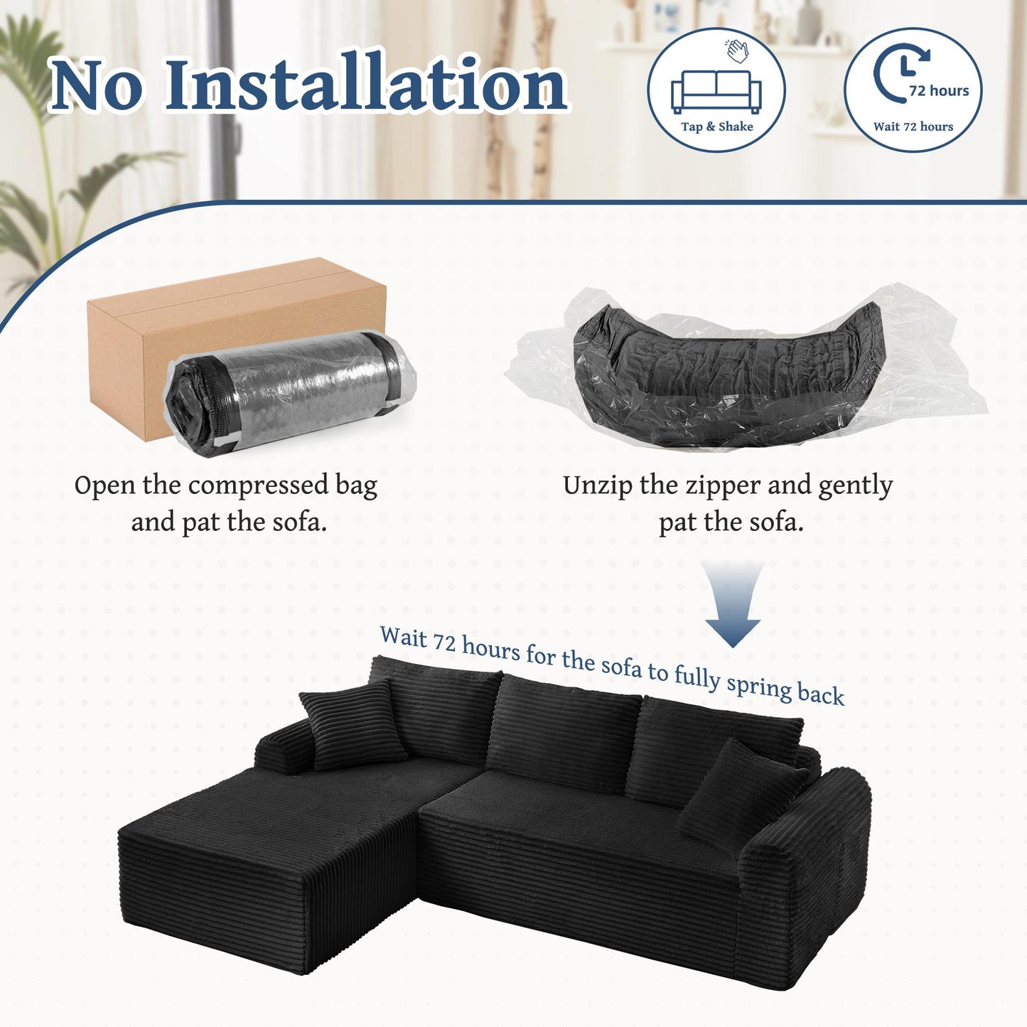 Full-Compression Chaise Lounge Set – Modular Corduroy Sectional with Arched Armrests, Non-Slip Base, Includes 3 Back Cushions & 2 Throw Pillows, Right chaise longue sofa